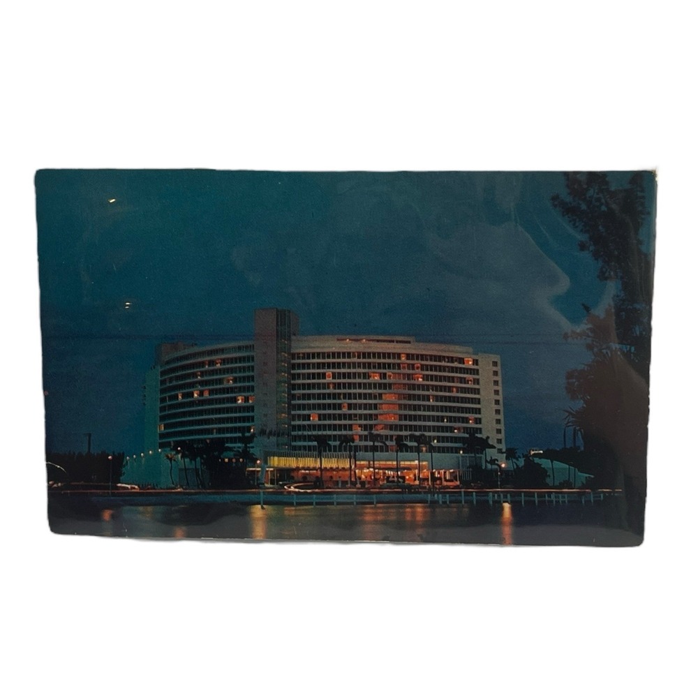 Luxury Fontainebleau at Night Florida Vintage Plastichrome‎ Photo Postcard